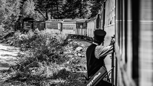 Brakeman boarding the DSNGRR (in B&W)